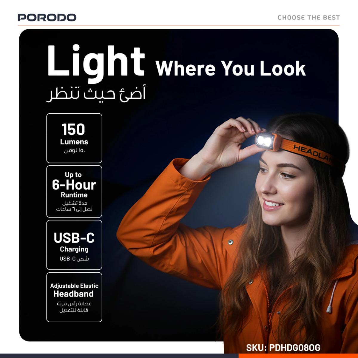 Porodo Wave-Sensor Rechargeable LED Headlamp