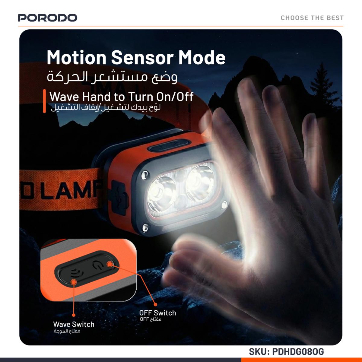 Porodo Wave-Sensor Rechargeable LED Headlamp