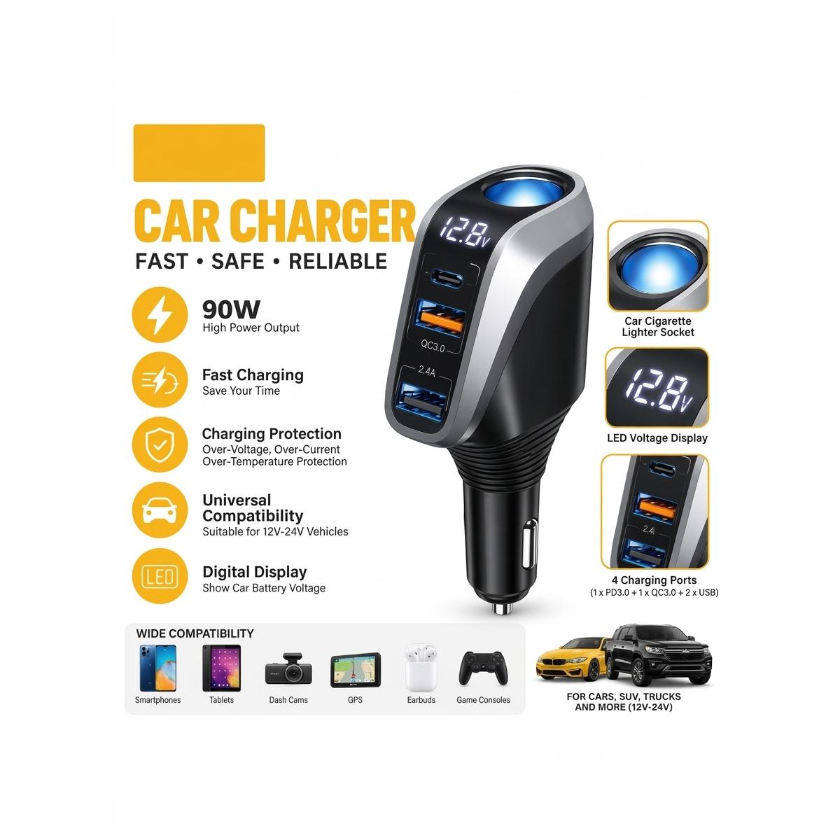 Car Charger 90W Fast Charging Adapter