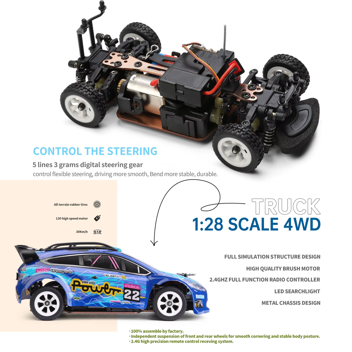 1:28 Scale High-Speed RC Drift Car with Metal Chassis & 4WD