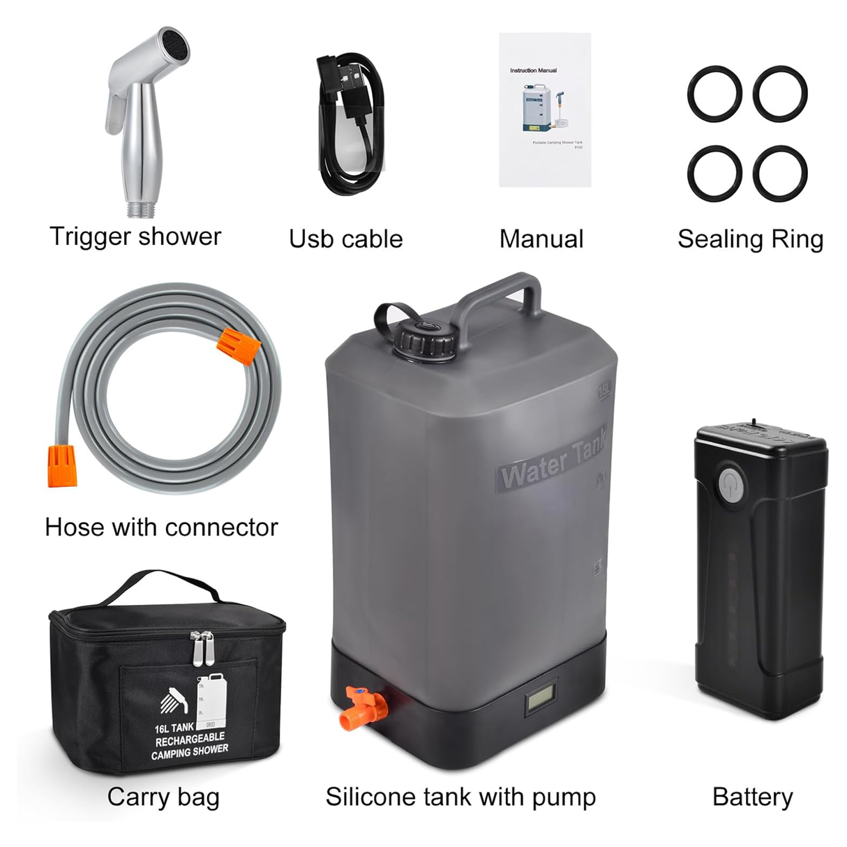 16L Silicone Water Tank, Portable Shower with Shower Head