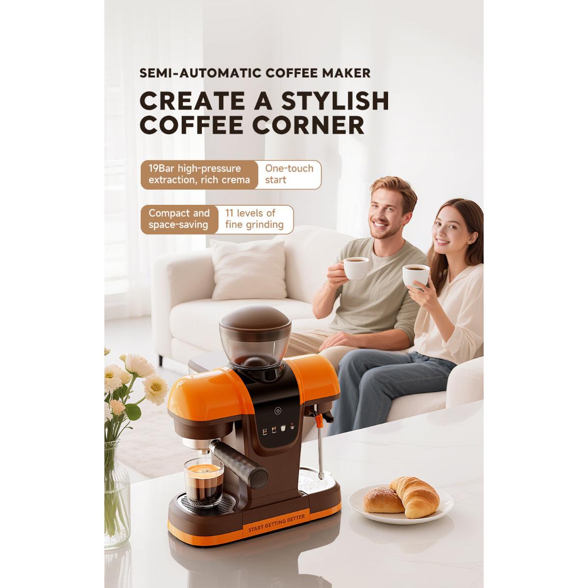 19 Bar High Pressure Espresso Machine for Rich Crema & Latte