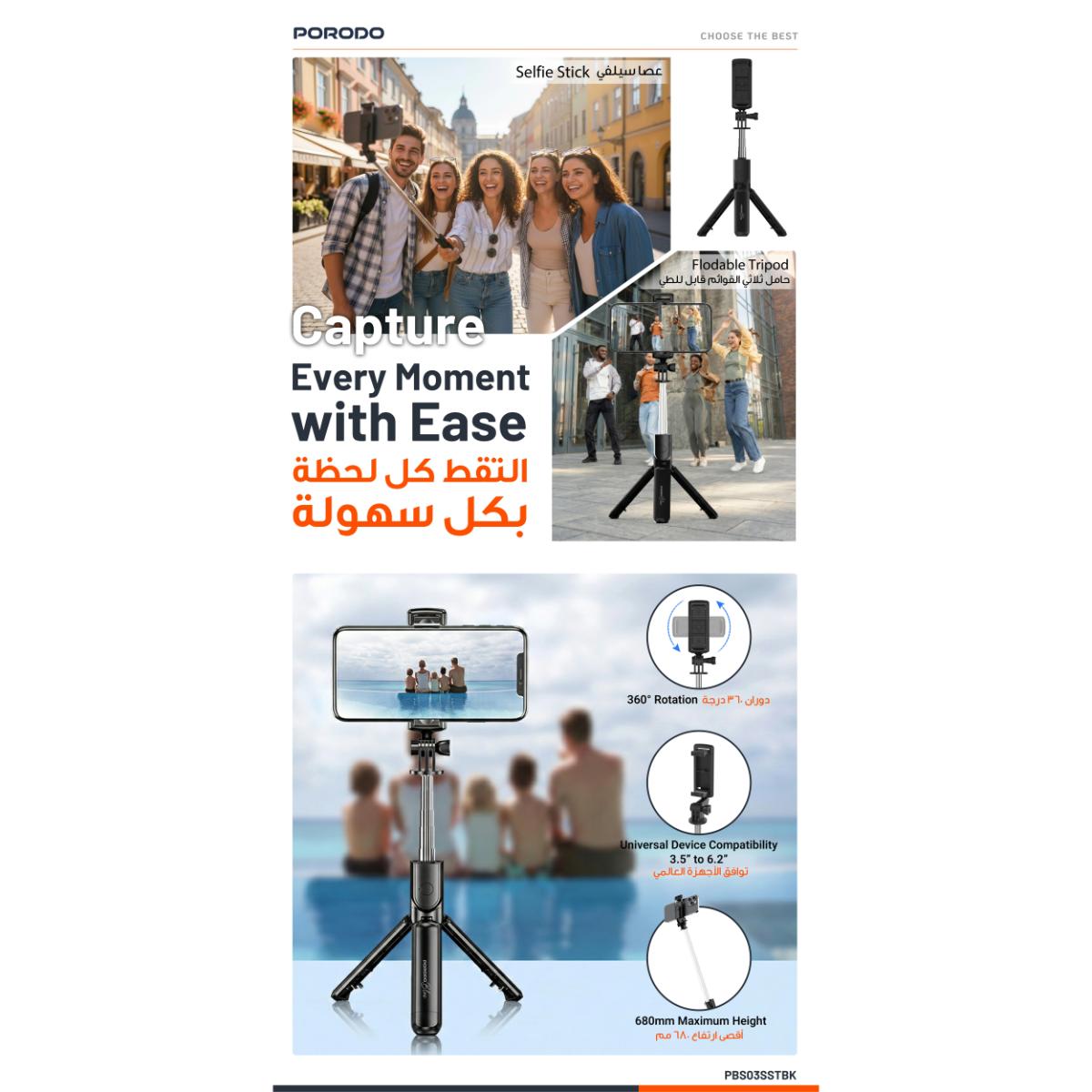Porodo Blue Flexi Bluetooth Tripod Selfie Stick