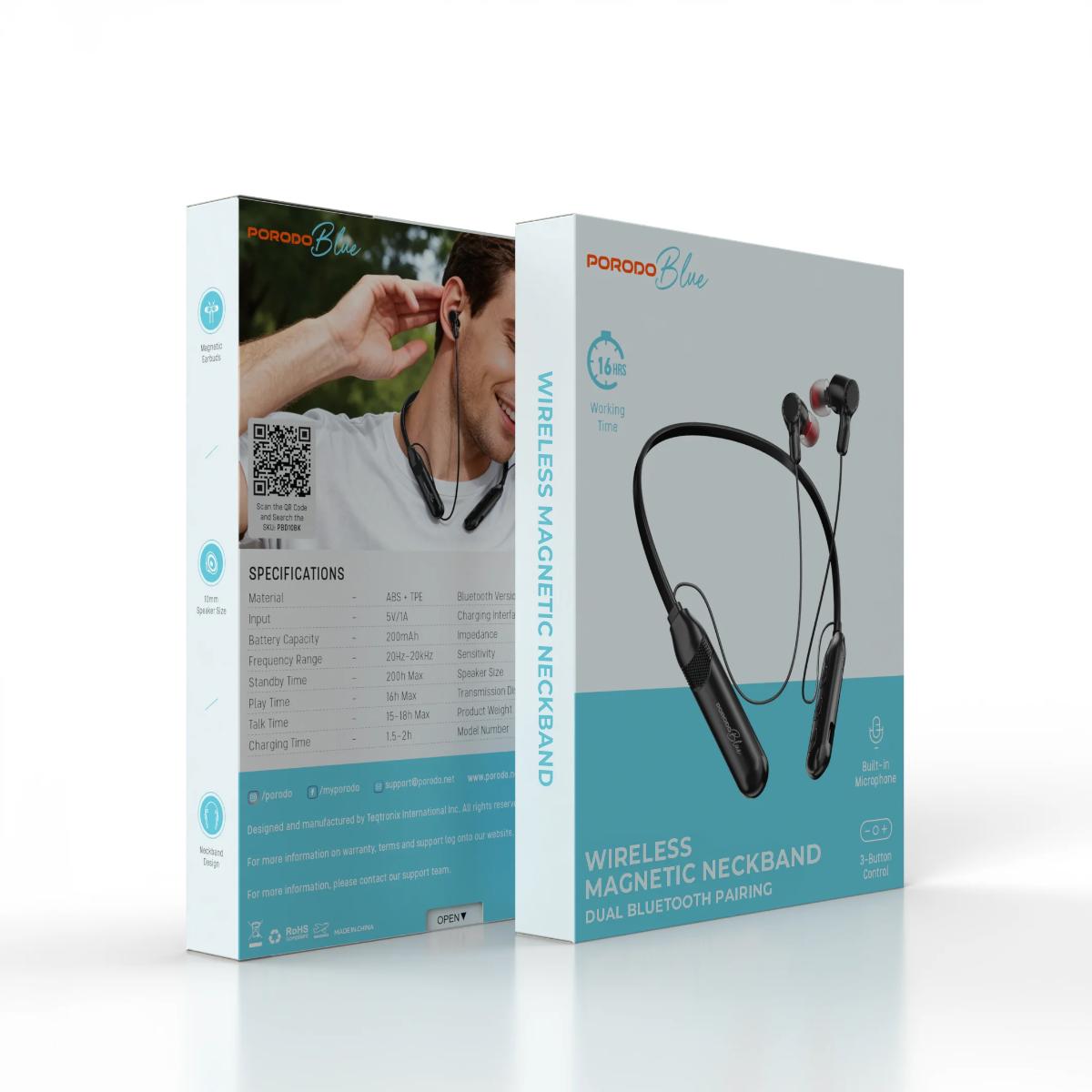 Porodo Blue Wireless Magnetic Neckband Earphones