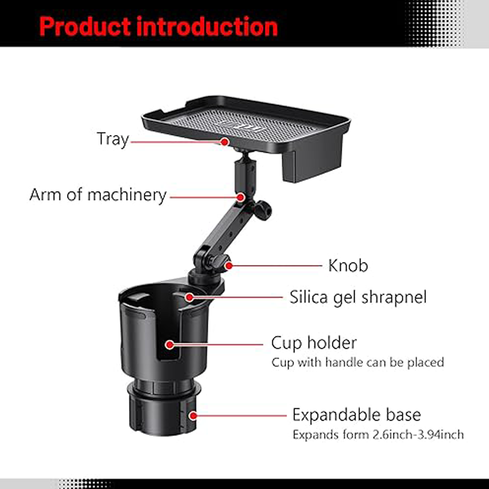 2-in-1 Adjustable Car Cup Holder with Rotating Tray
