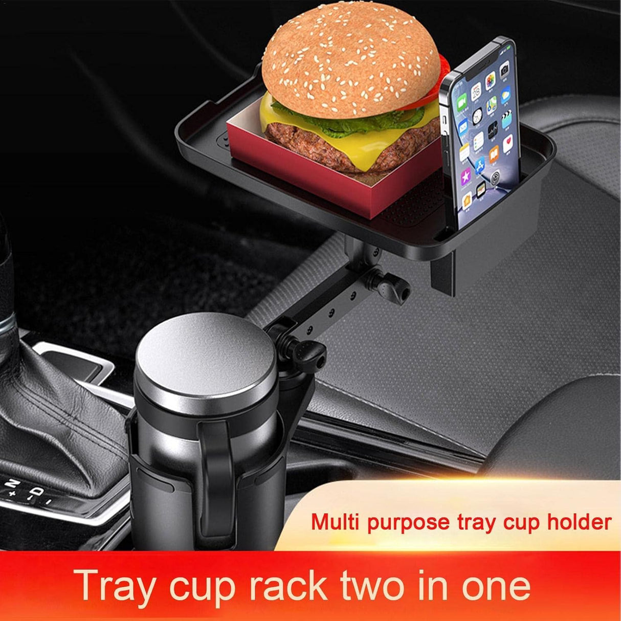 2-in-1 Adjustable Car Cup Holder with Rotating Tray
