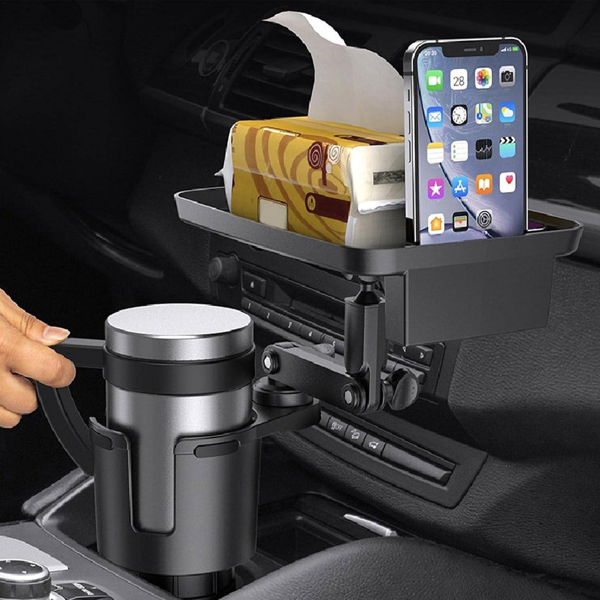 2-in-1 Adjustable Car Cup Holder with Rotating Tray