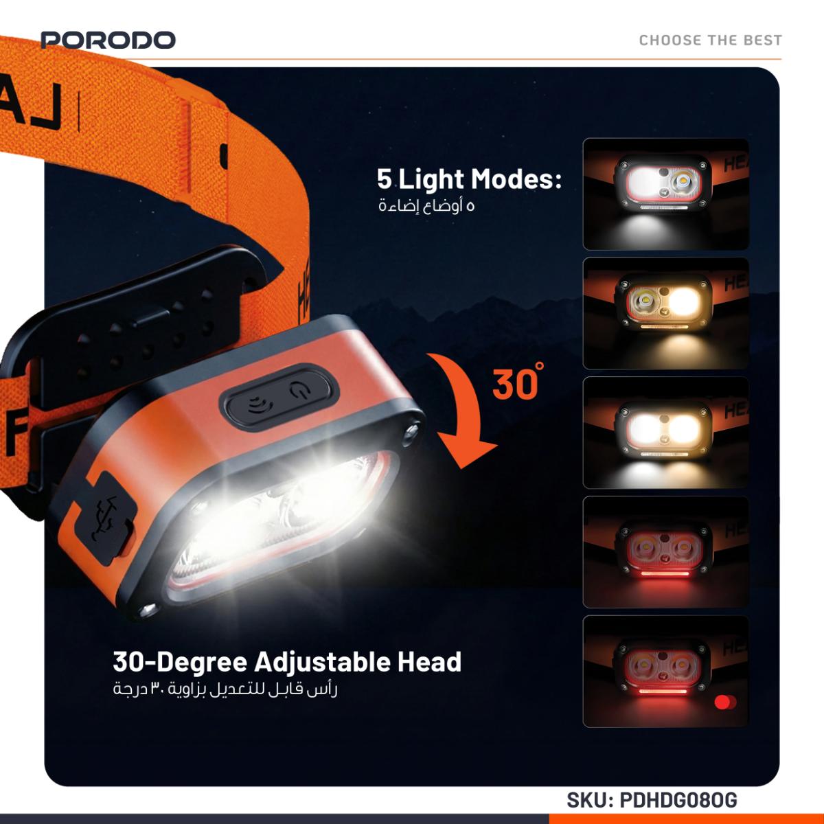 Porodo Wave-Sensor Rechargeable LED Headlamp