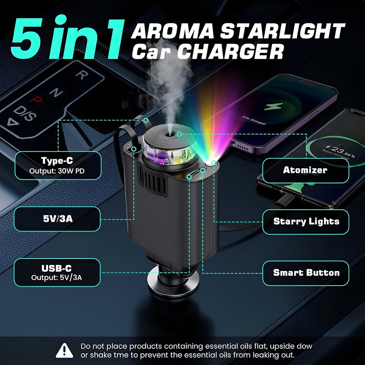 5-in-1 Car Charger and Star light with Air Freshener