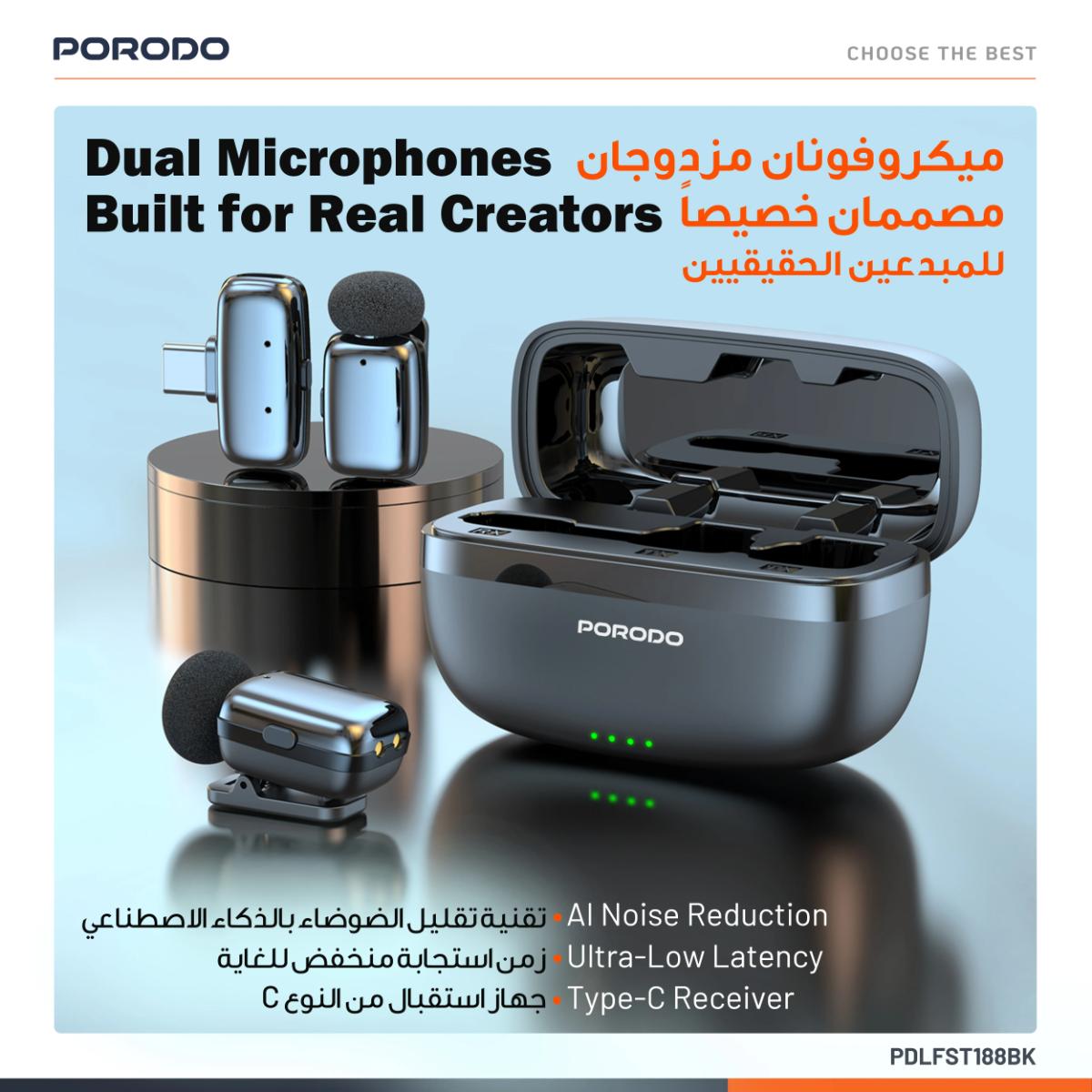 Porodo Wireless Lavalier Microphones  Type-C Connector