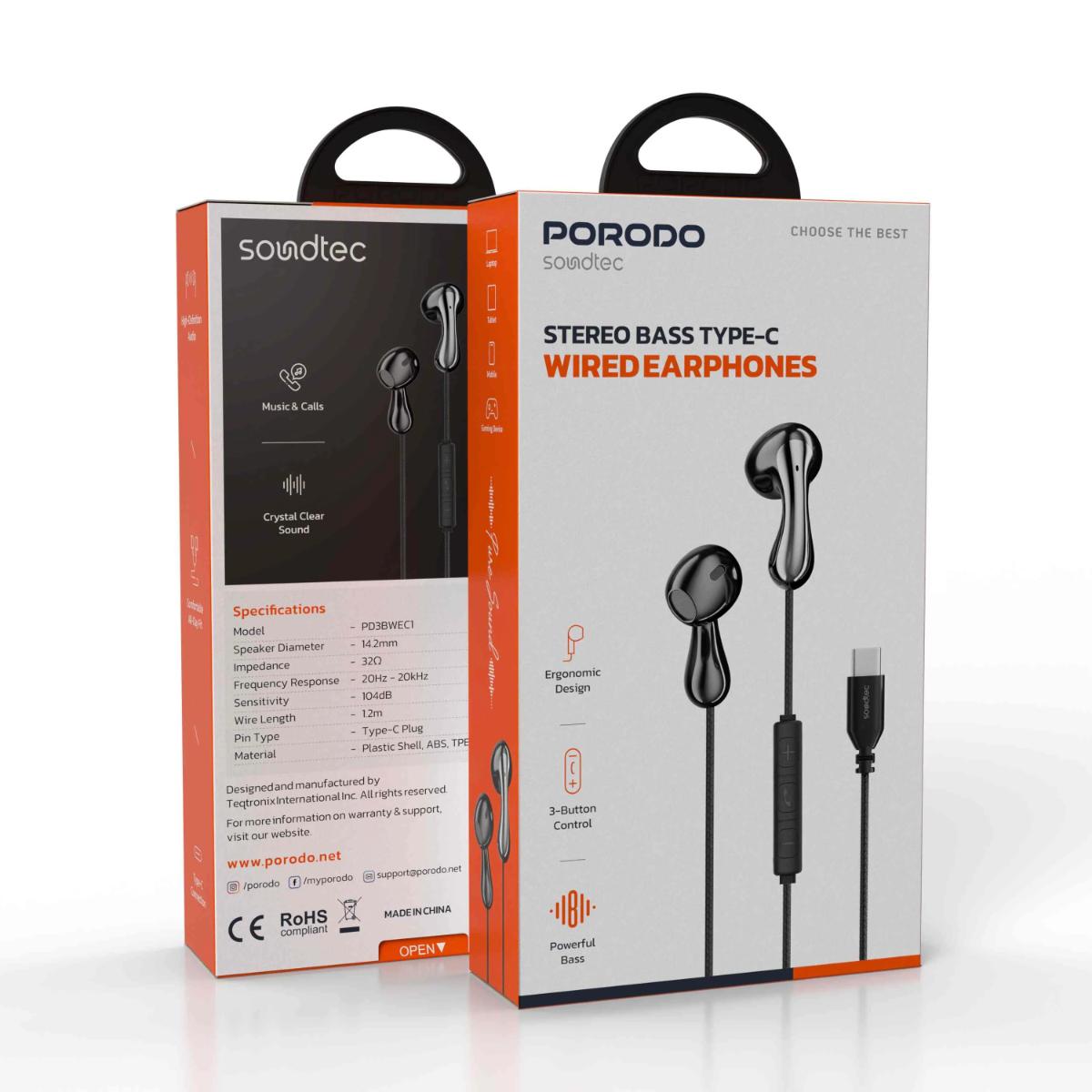 Porodo  Bass Type-C Wired Earphones