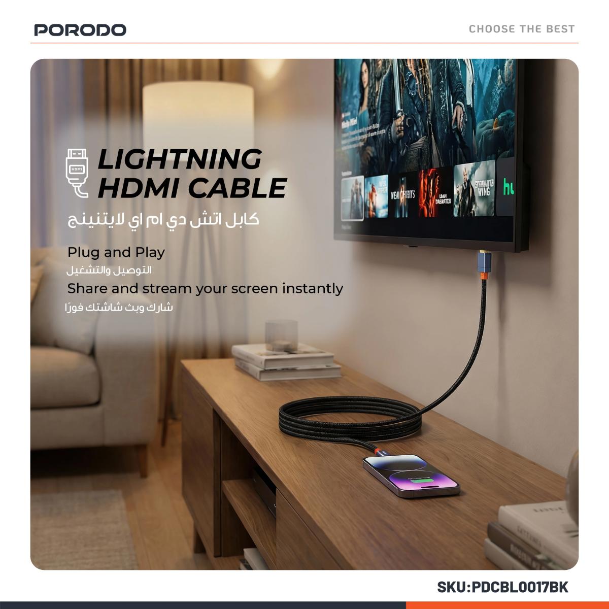 Porodo Woven Cable Lightning to HDMI