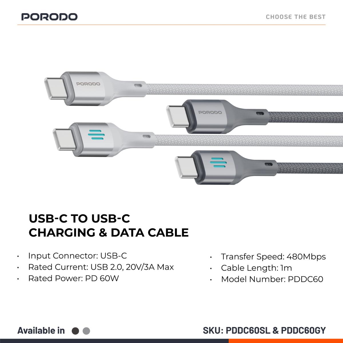 Porodo USB-C to USB-C PD 60W Braided Charging