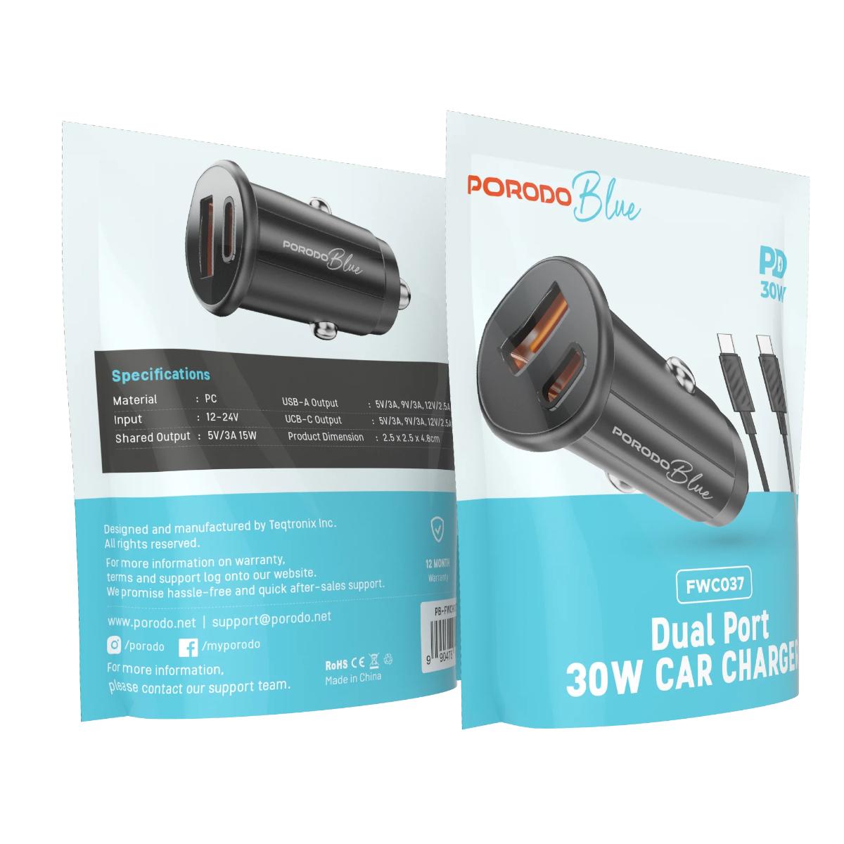 Porodo Blue 30W Dual Port Fast Car Charger