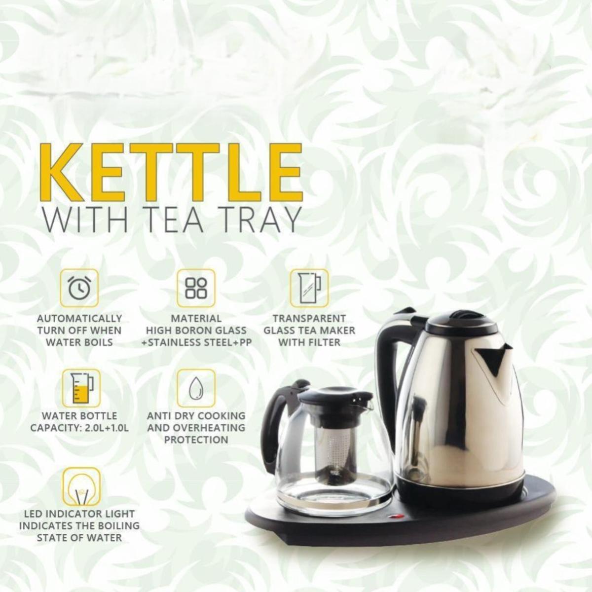2L Electric Kettle with 1L Glass Tea Maker Tray