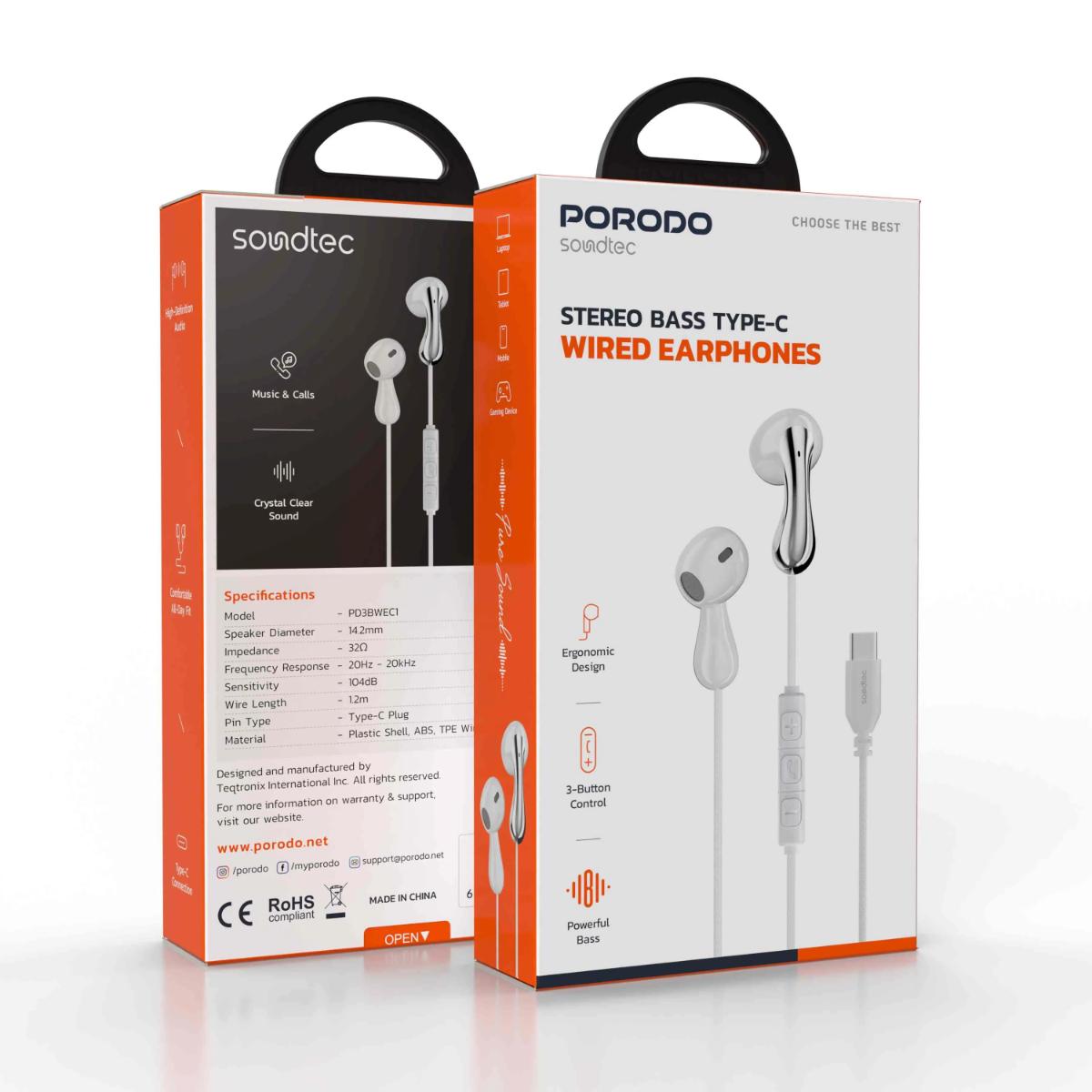 Porodo  Bass Type-C Wired Earphones