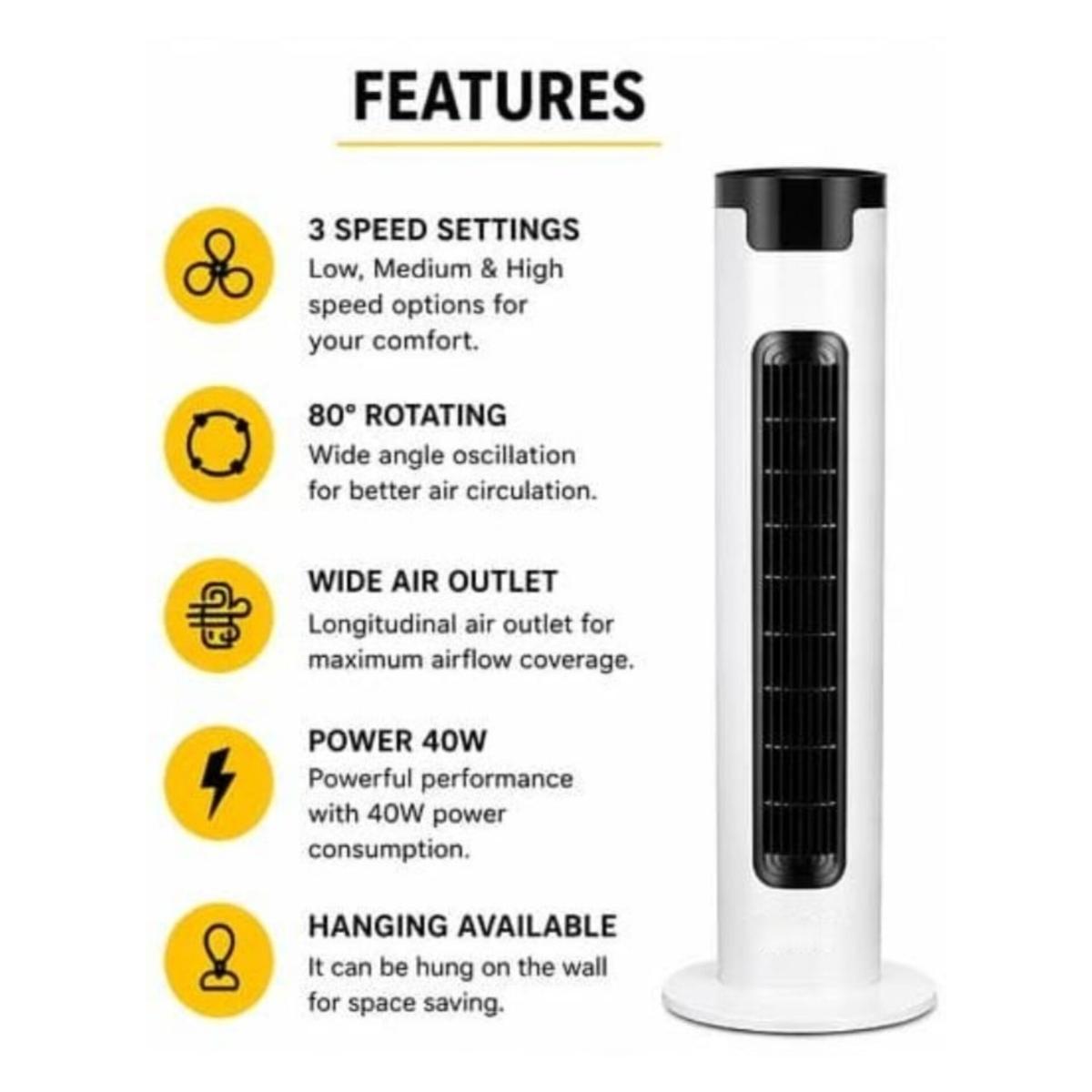 40W Tower Fan with 3 Speed Settings