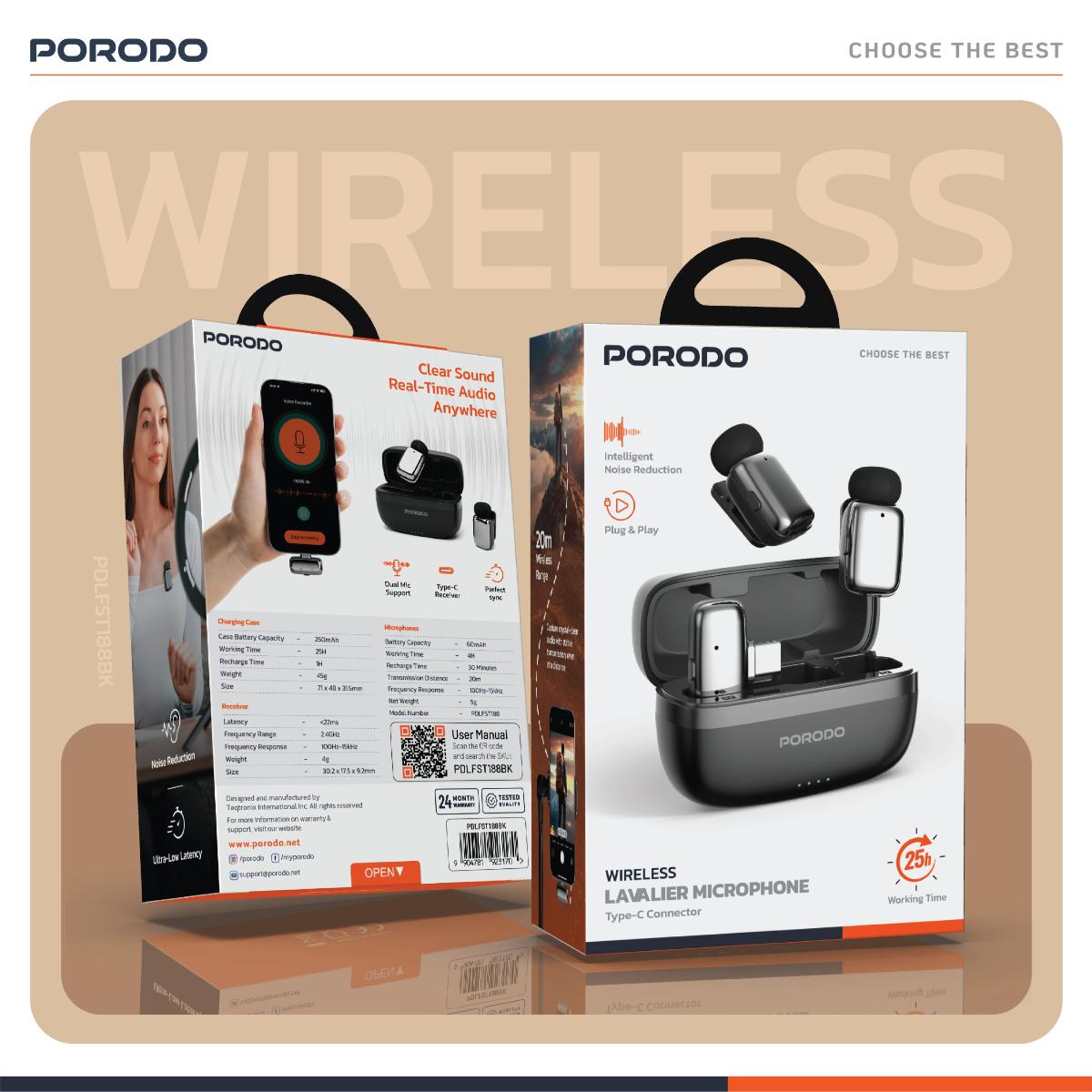 Porodo Wireless Lavalier Microphones  Type-C Connector