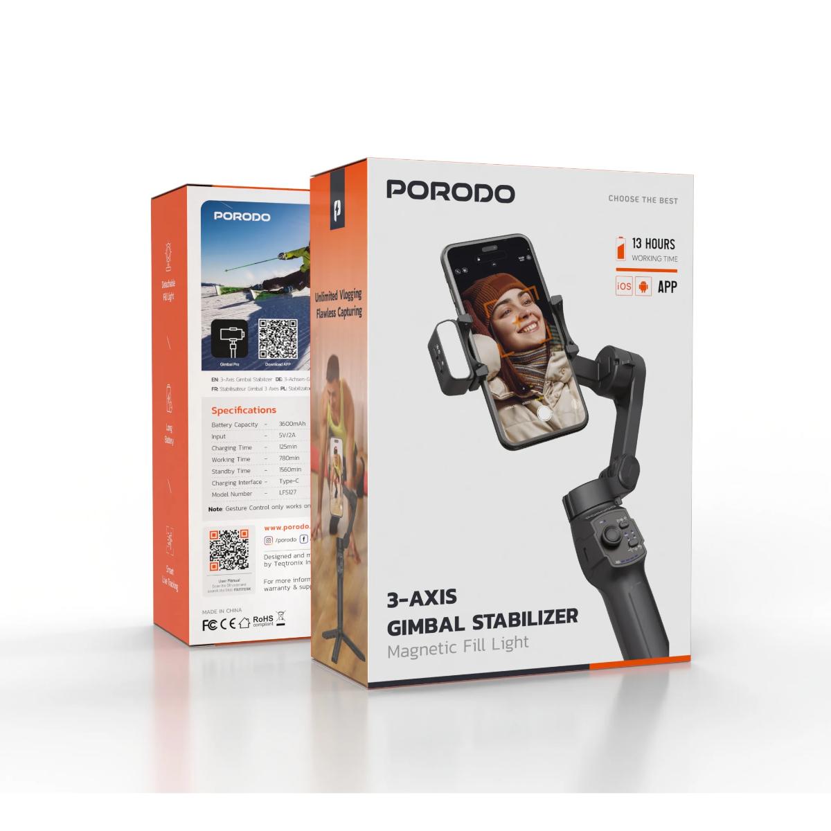 Porodo 3-Axis Gimbal Stabilizer Magnetic Fill Light