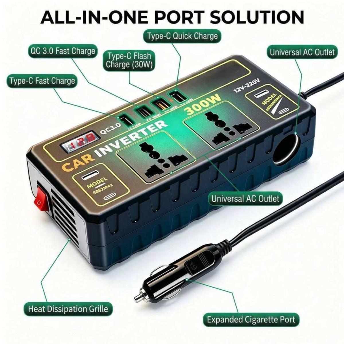 300W Car Power Inverter 12V DC to 220V AC