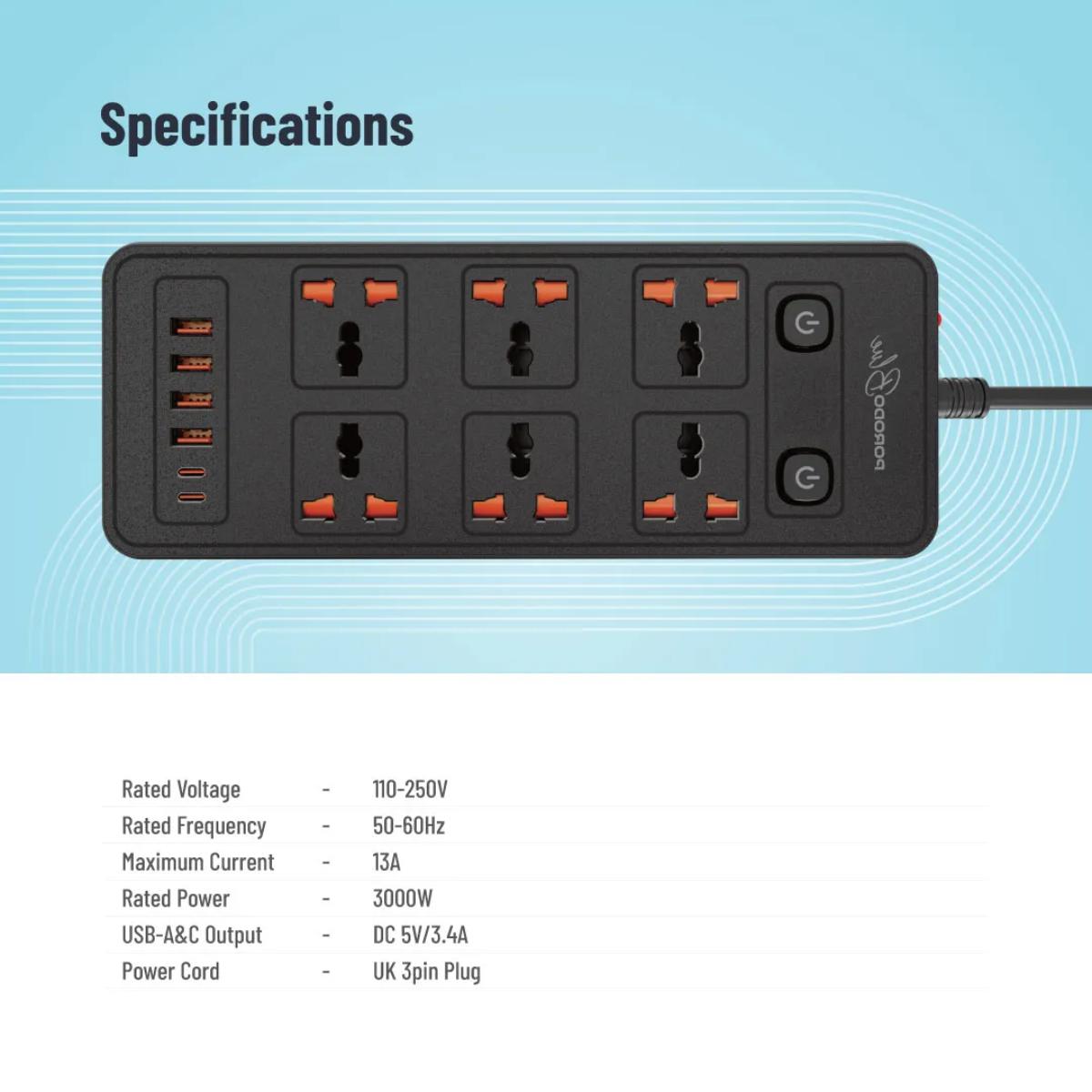 Porodo Blue 6 AC Power Strip