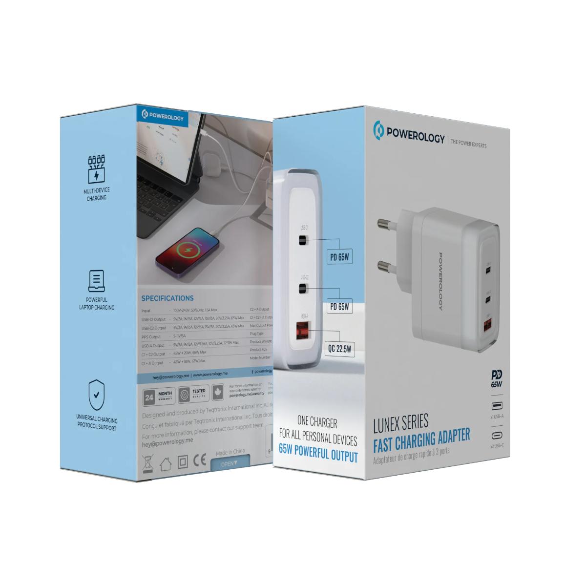 Powerology 65W 3-Port Fast Charger EU Plug