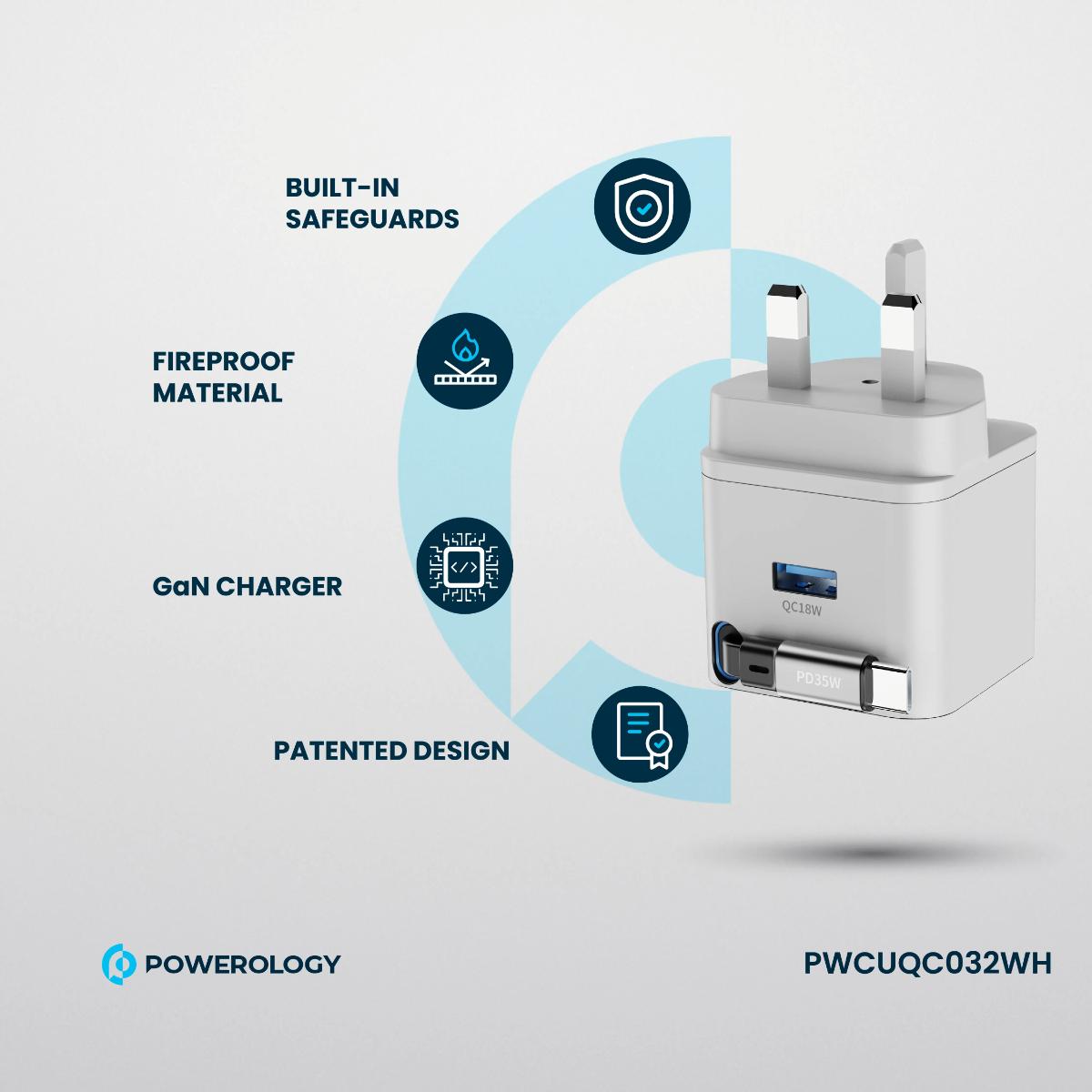 Powerology  Retractable GaN Dual Port Charger