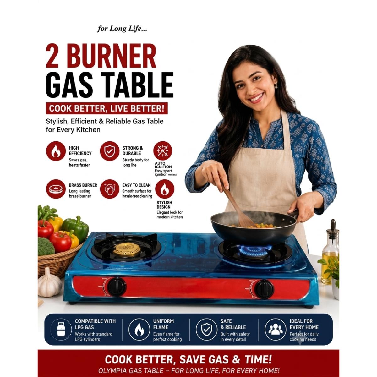 2 Burner Glass Top Gas Stove with Auto Ignition