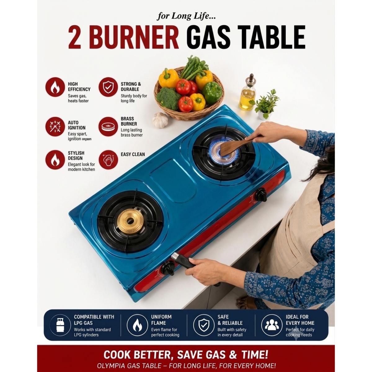 2 Burner Glass Top Gas Stove with Auto Ignition