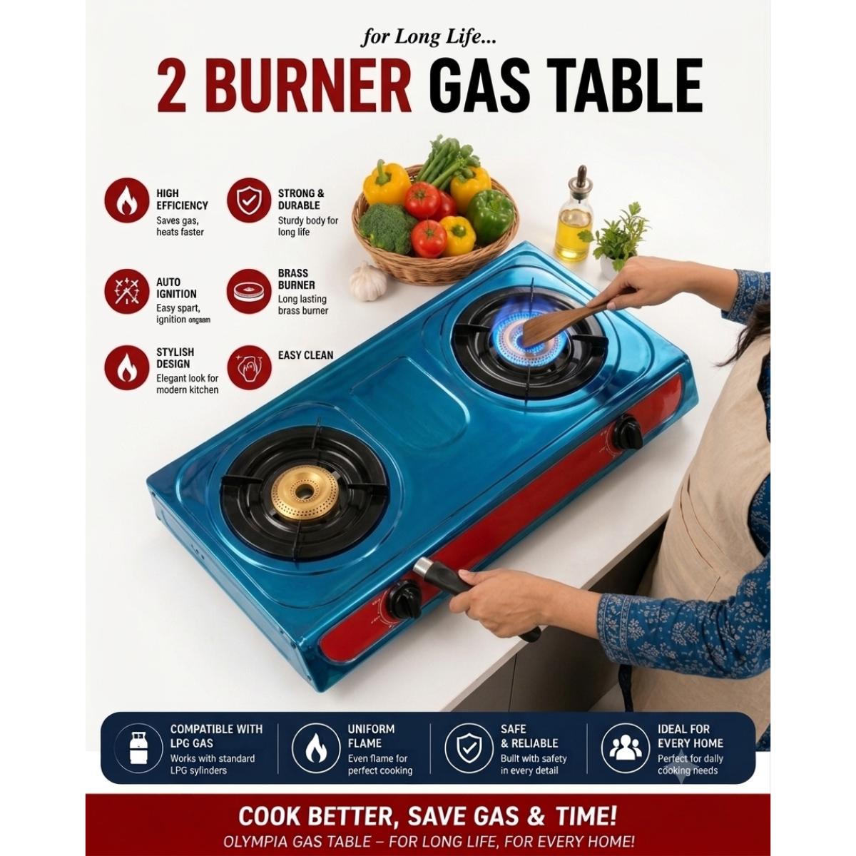 2 Burner Glass Top Gas Stove with Auto Ignition