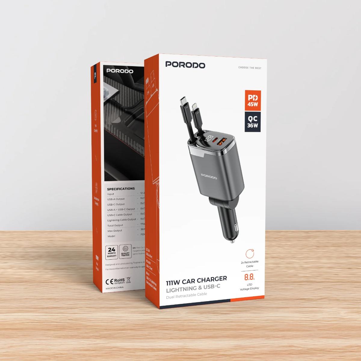 Porodo 111W Car Charger Lightning & Type-C