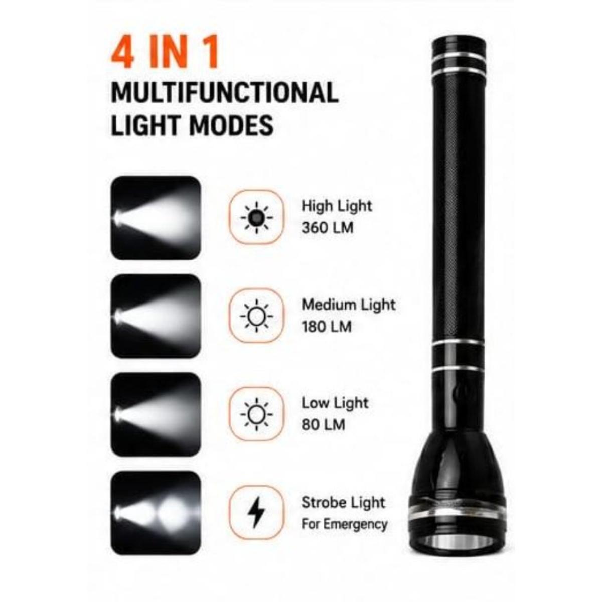 Rechargeable LED Flashlight 4-in-1 Long Torch