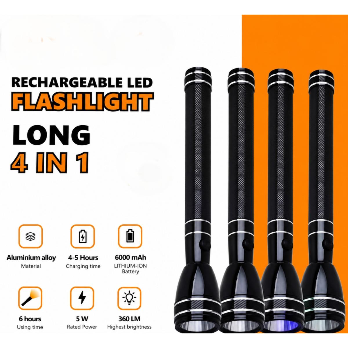Rechargeable LED Flashlight 4-in-1 Long Torch