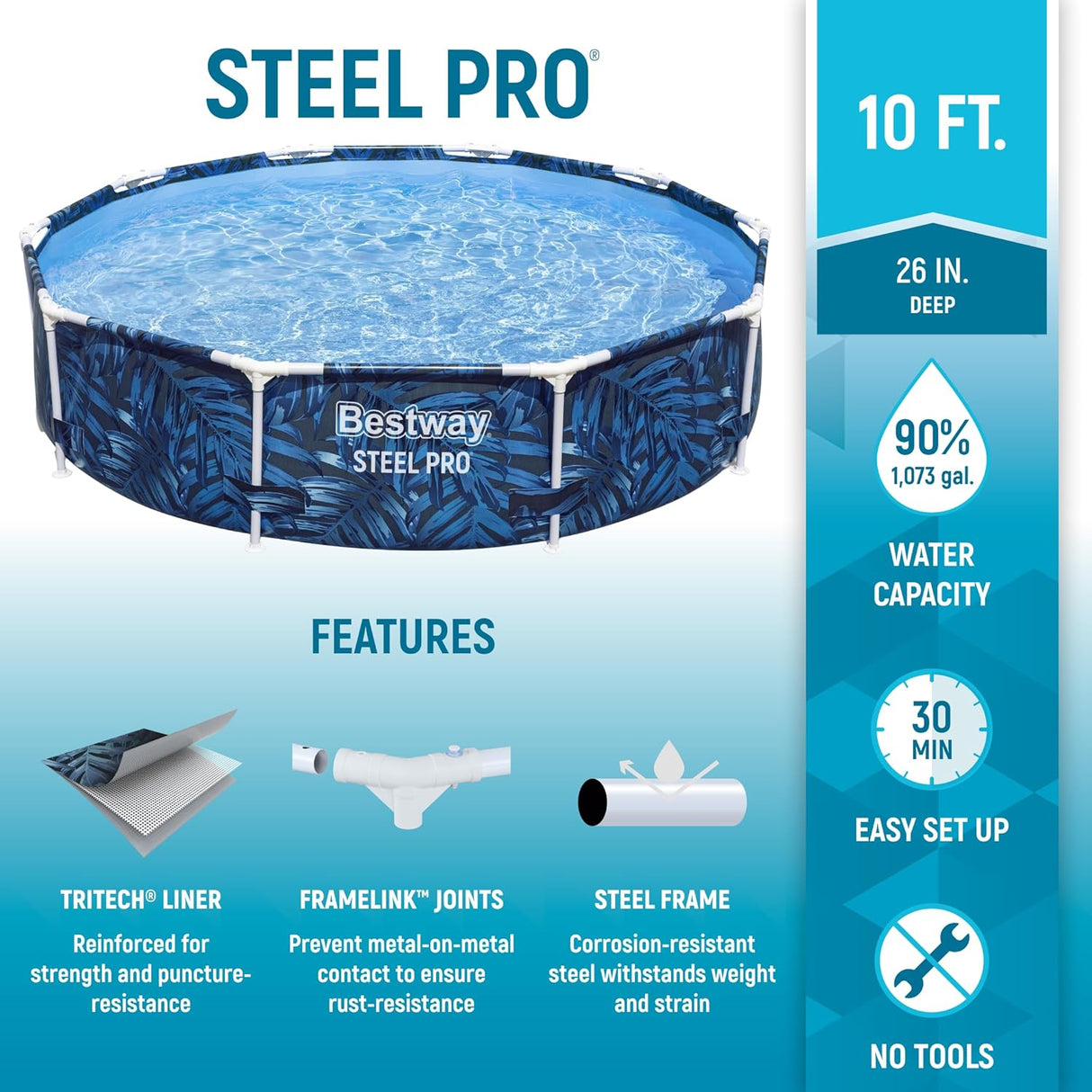Bestway Steel Pro™ 10FT Round Above-Ground Pool – 305cm x 66cm