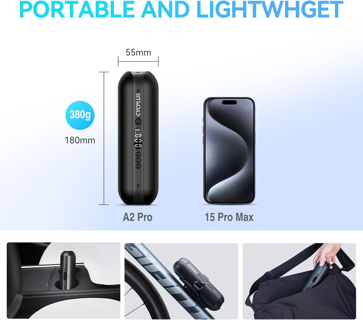 CYCPLUS A2 Pro Portable Bicycle Pump Car Tire Inflator 150 PSI Electric Air Compressor
