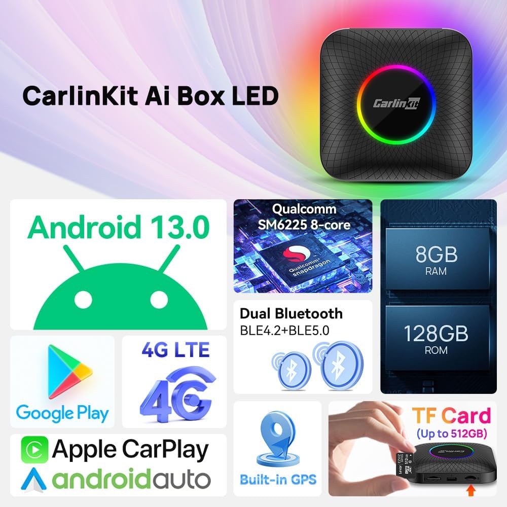 Carlinkit Android 13 LED Ai Box CarPlay Adapter 8 RAM 128GB