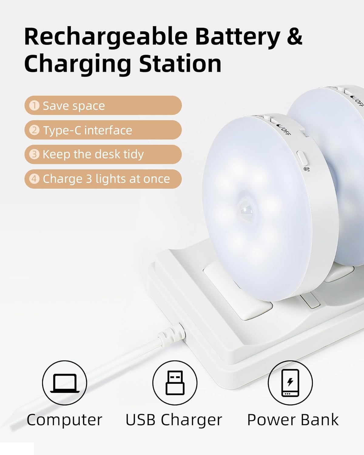 Rechargeable Motion Sensor Under Cabinet Multicolor LED Puck Lights 6 Pack by Ezvalo