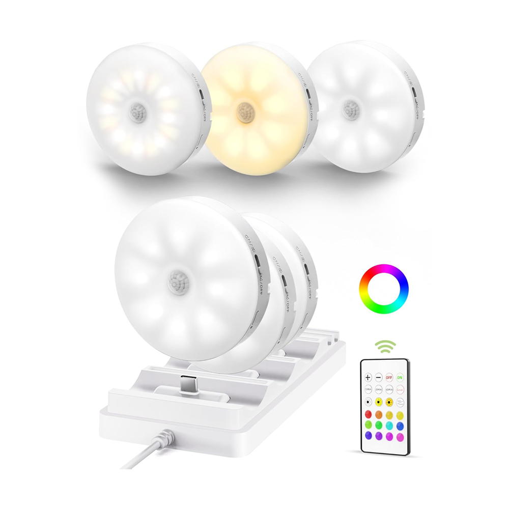 Rechargeable Motion Sensor Under Cabinet Multicolor LED Puck Lights 6 Pack by Ezvalo