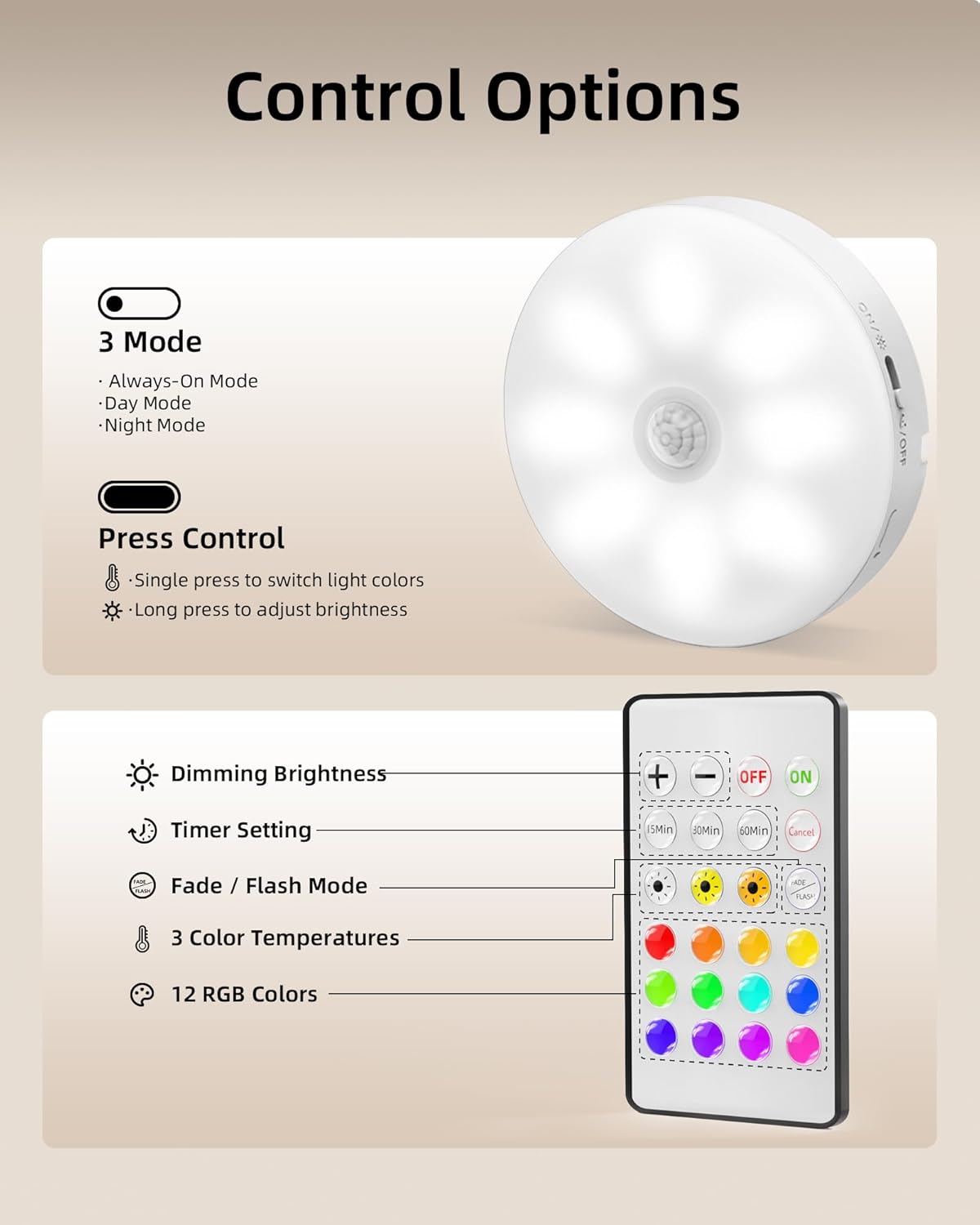 Rechargeable Motion Sensor Under Cabinet Multicolor LED Puck Lights 6 Pack by Ezvalo