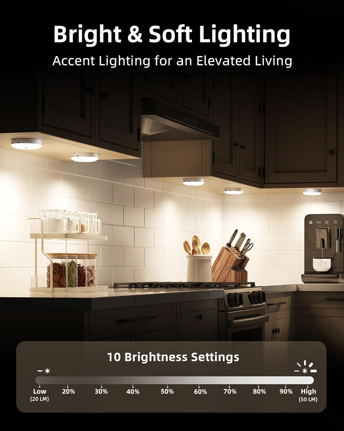 Rechargeable Motion Sensor Under Cabinet Multicolor LED Puck Lights 6 Pack by Ezvalo