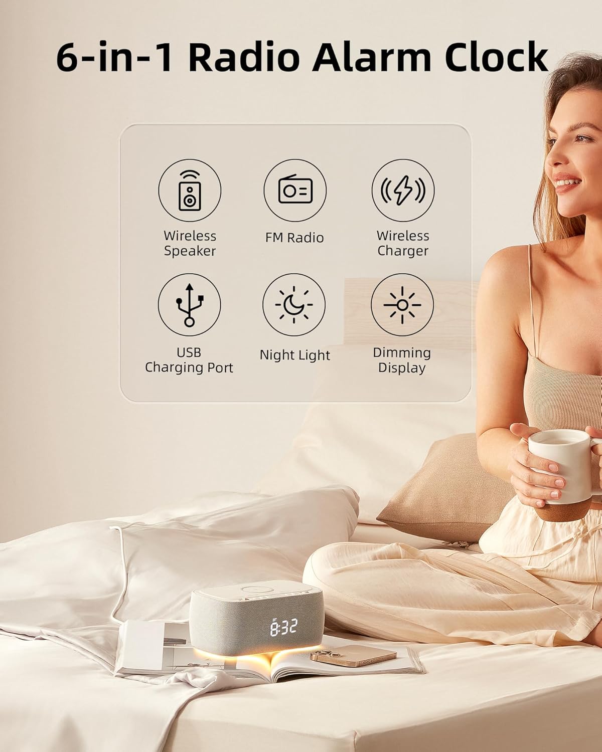 Multifunctional Alarm Clock with Bluetooth Speaker & Wireless Charging by EZVALO