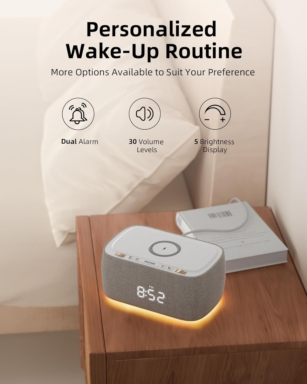 Multifunctional Alarm Clock with Bluetooth Speaker & Wireless Charging by EZVALO