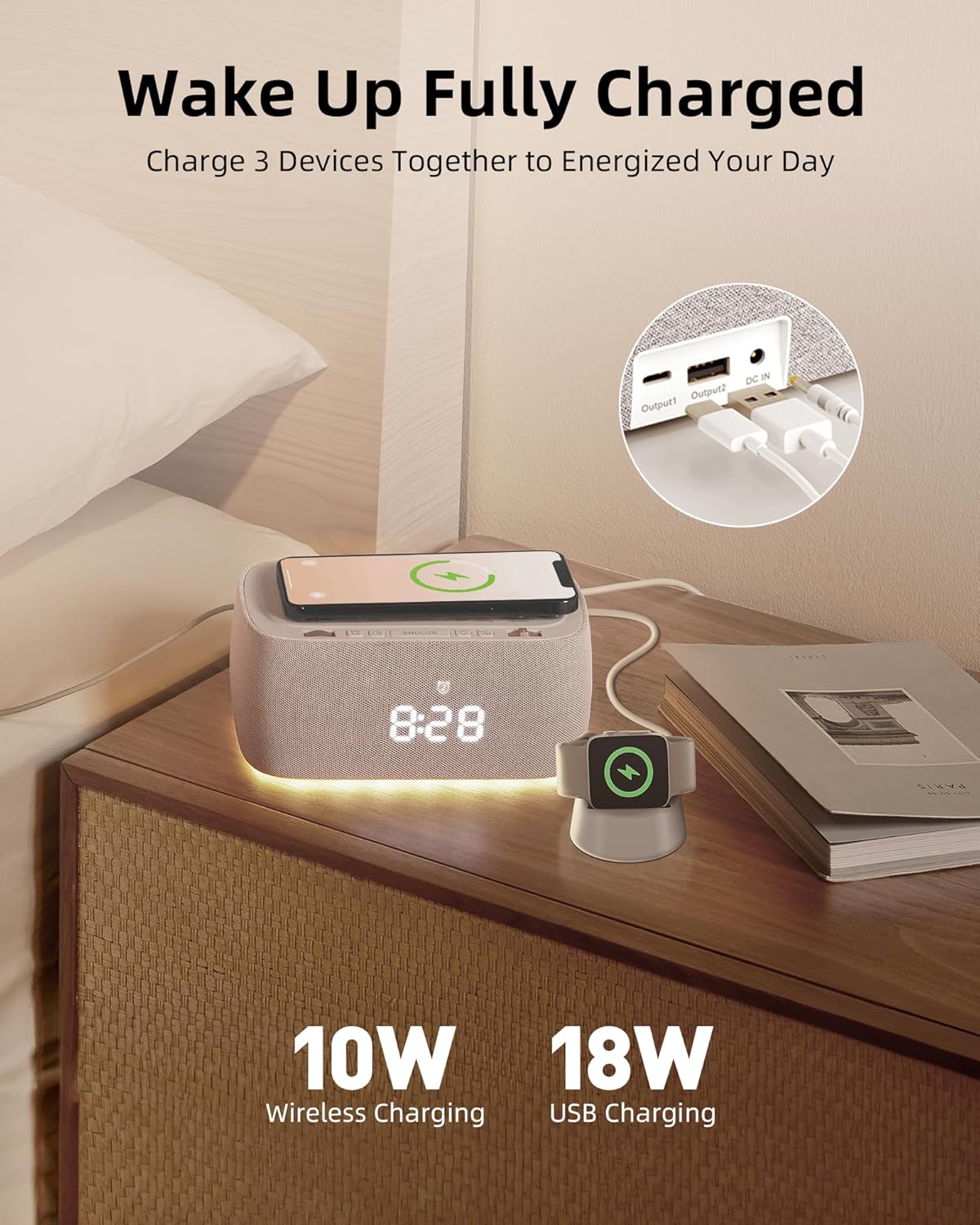 Multifunctional Alarm Clock with Bluetooth Speaker & Wireless Charging by EZVALO