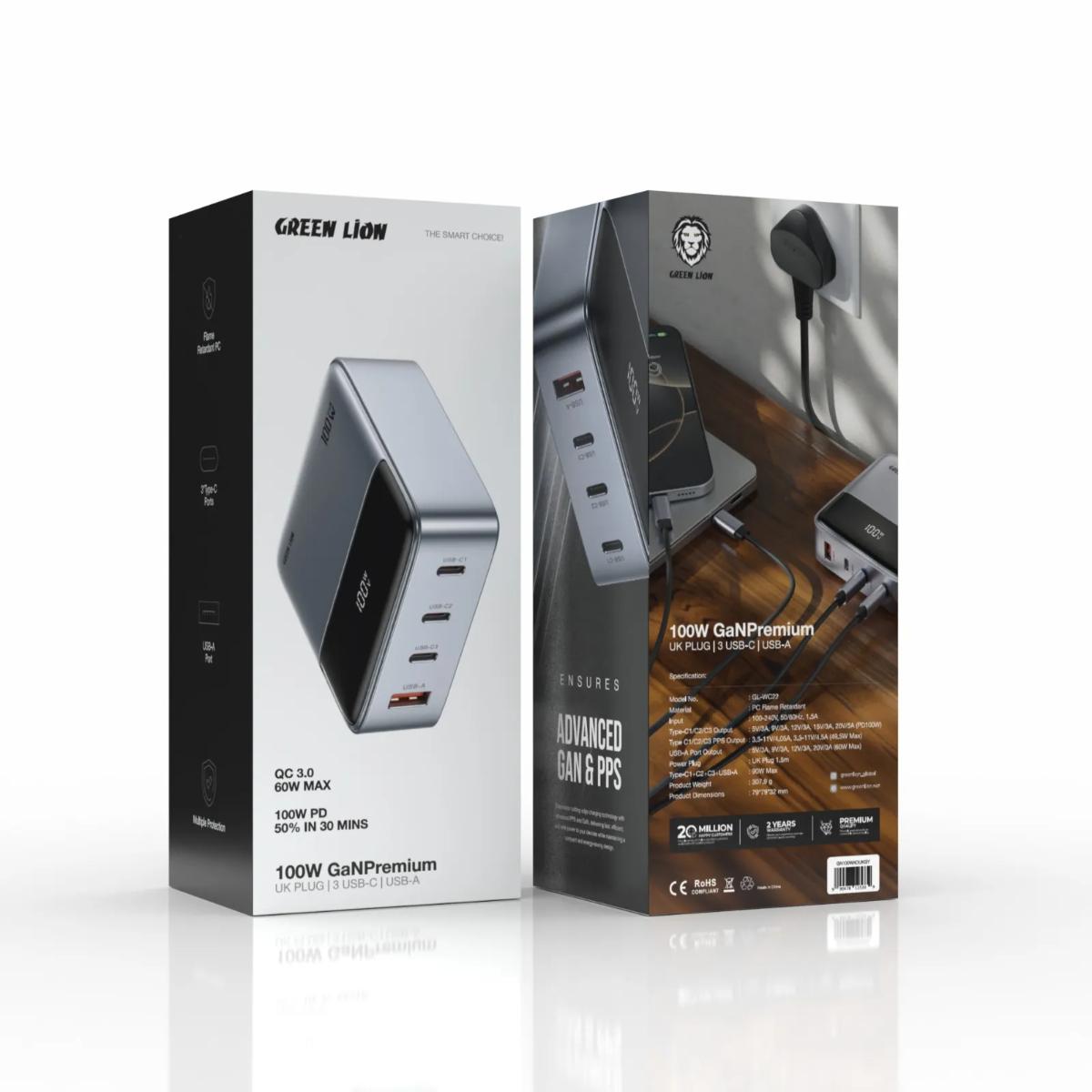 Green Lion 100W GaNPremium UK Plug Adapter