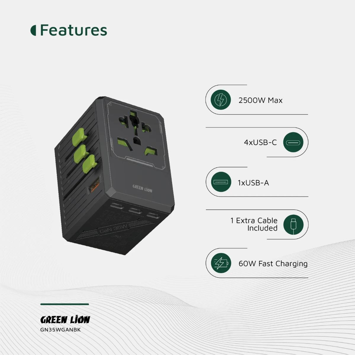 Green Lion GaN Adapter 35W 6 in 1 and 2 in 2 Cable