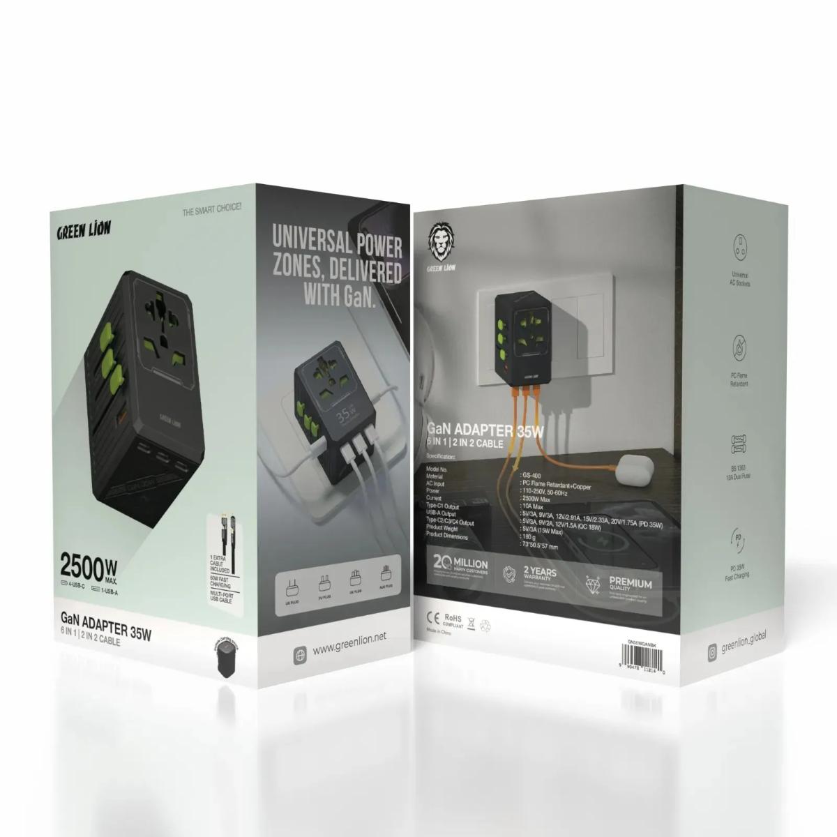 Green Lion GaN Adapter 35W 6 in 1 and 2 in 2 Cable