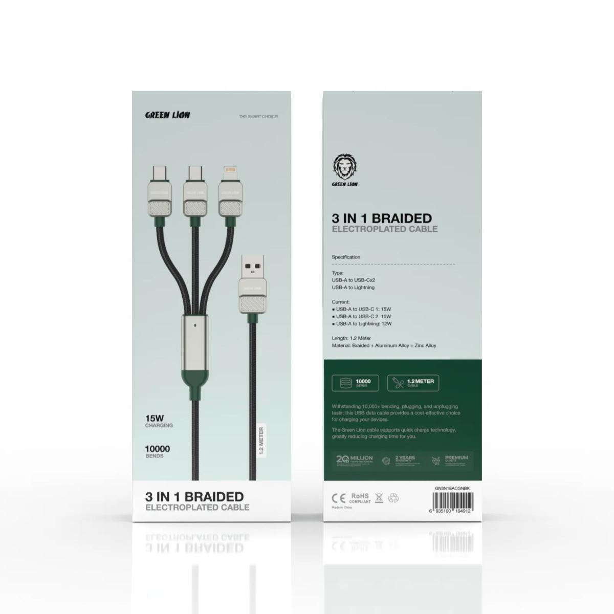Green Lion 3•in•1 Cable Braided USB A to C+C+L