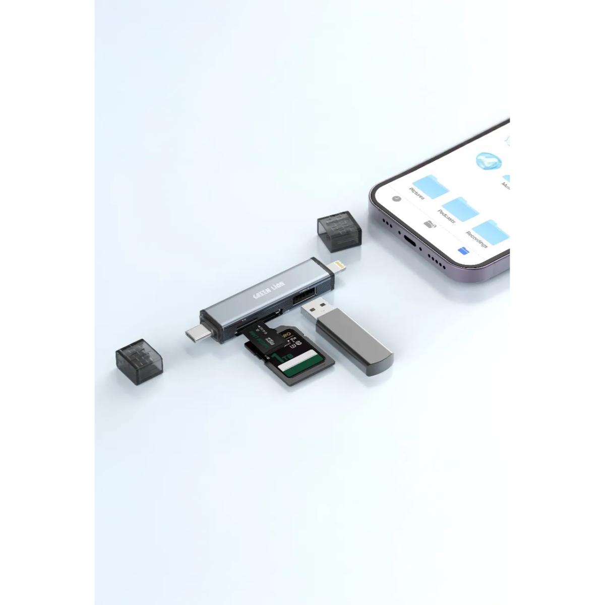 Green Lion 3 in1 Card Reader • USB•C & Lightning Connectivity