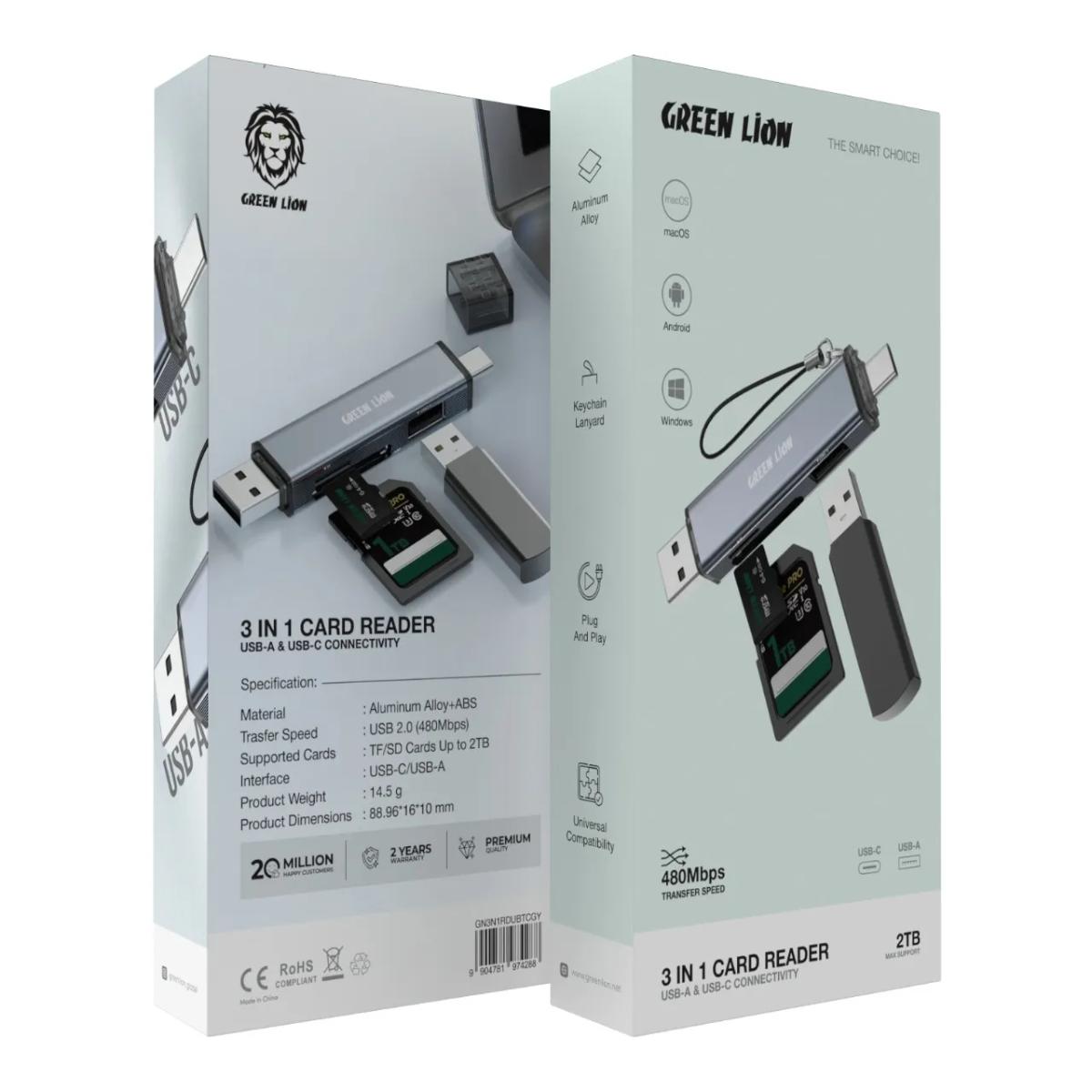 Green Lion 3-in-1 Card Reader – USB-A & USB-C