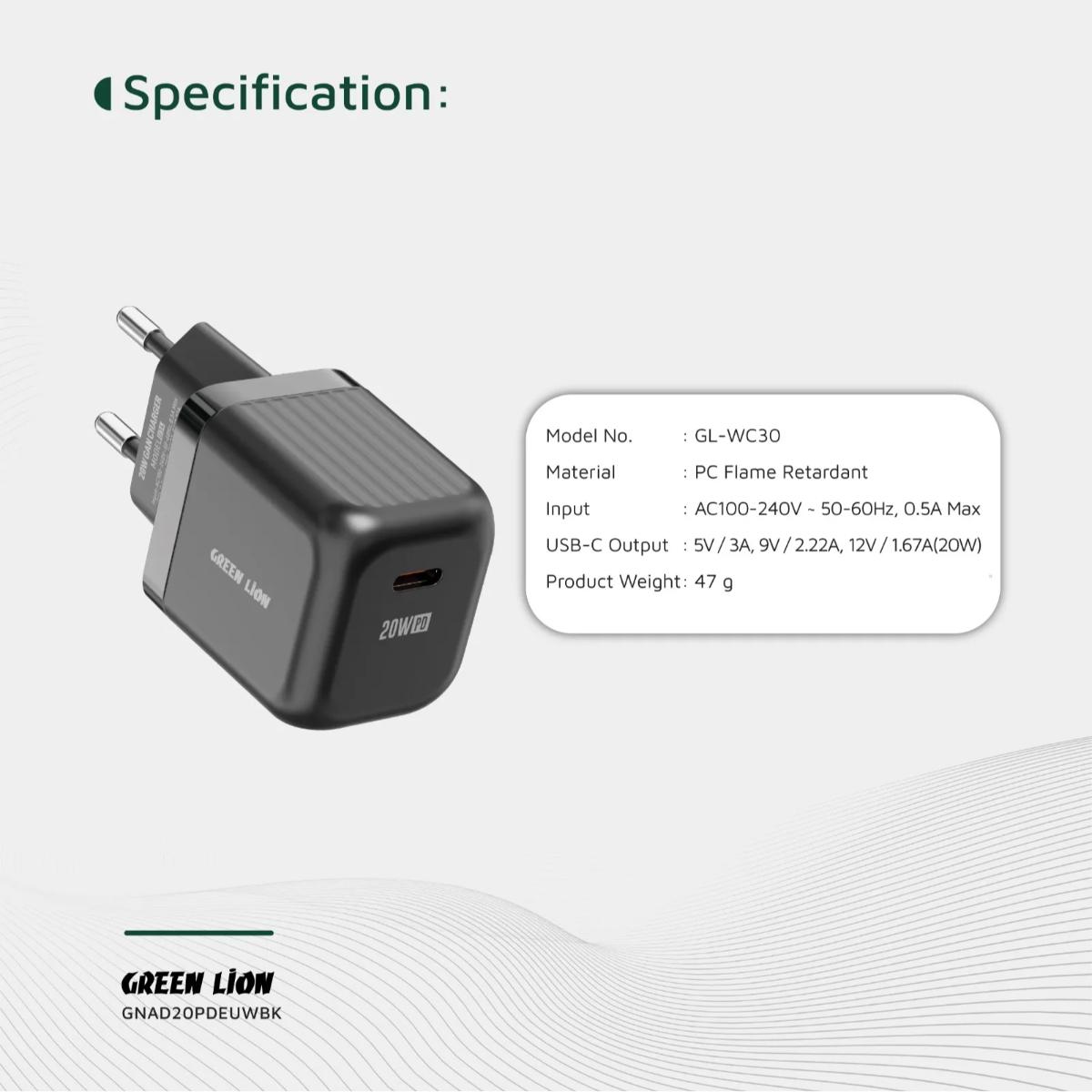 Green Lion Ultra Compact 20W PD USB-C Wall Charger